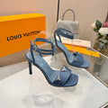 LV 26S HIGH-HEELED SANDALS 90 MM IN DUSTY BLUE SATIN