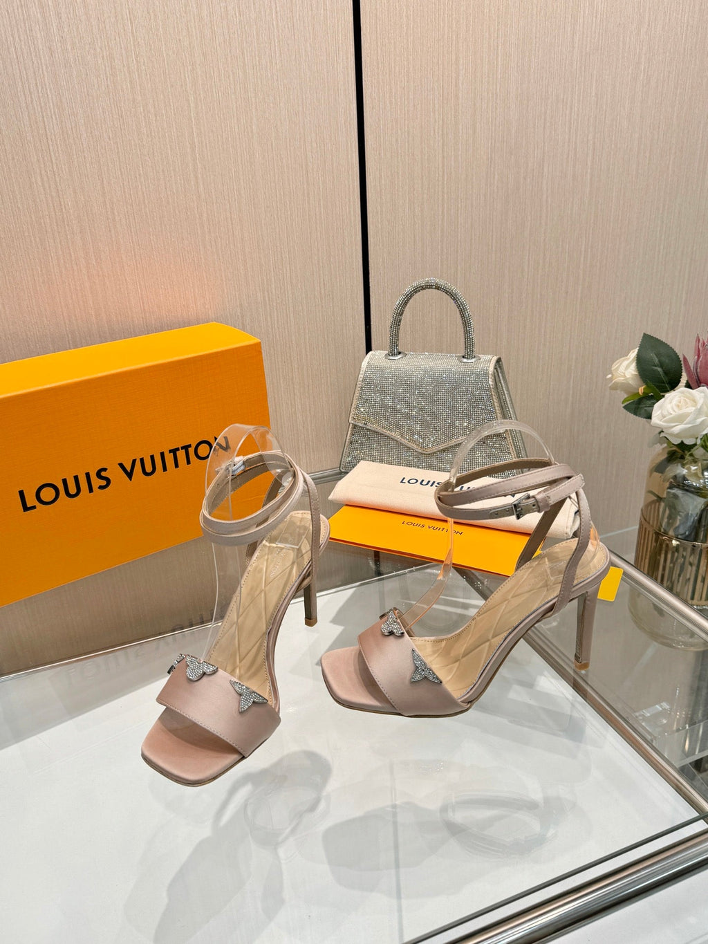 LV 26S HIGH-HEELED SANDALS 90 MM IN NUDE PINK SATIN