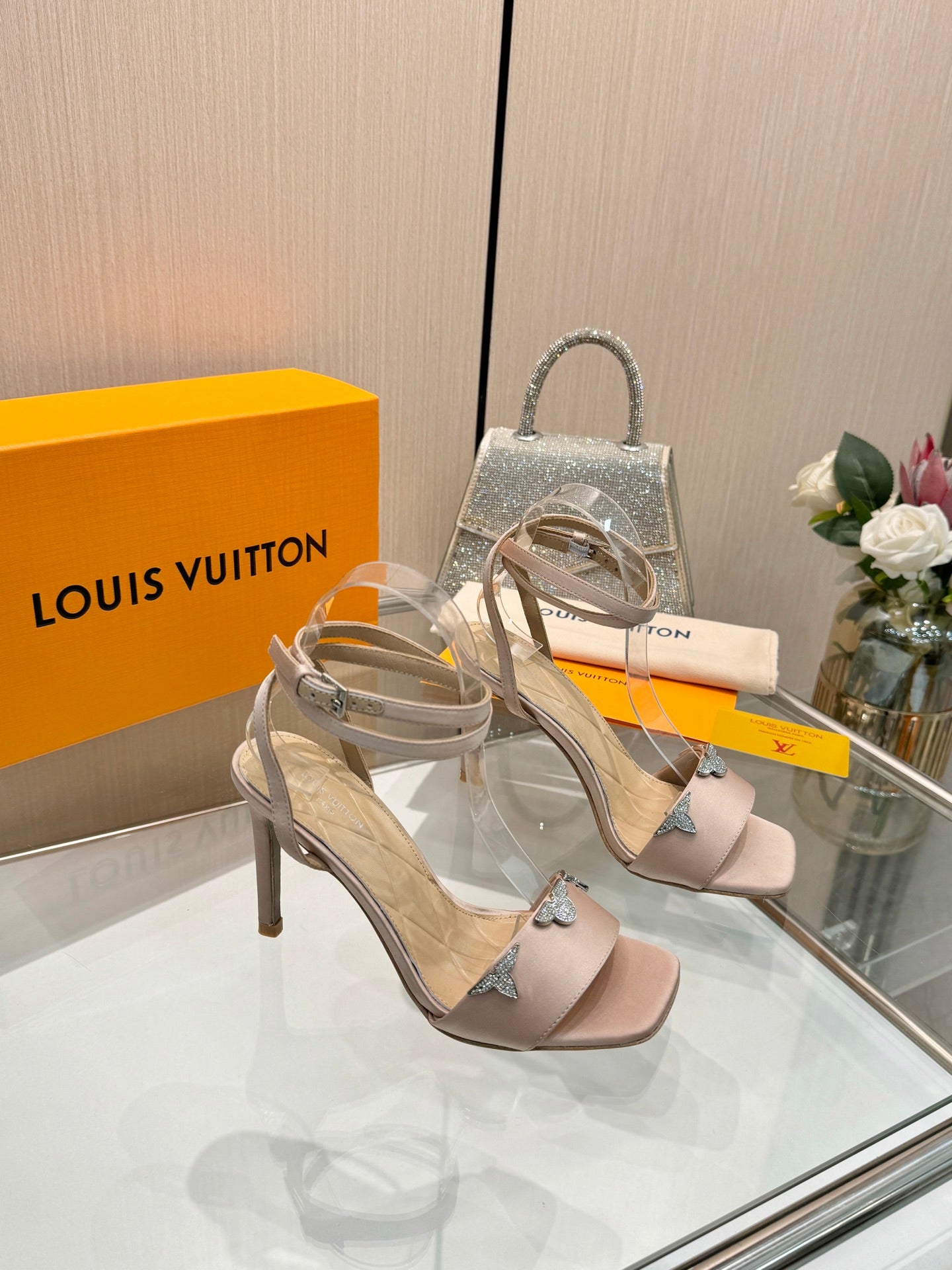 LV 26S HIGH-HEELED SANDALS 90 MM IN NUDE PINK SATIN