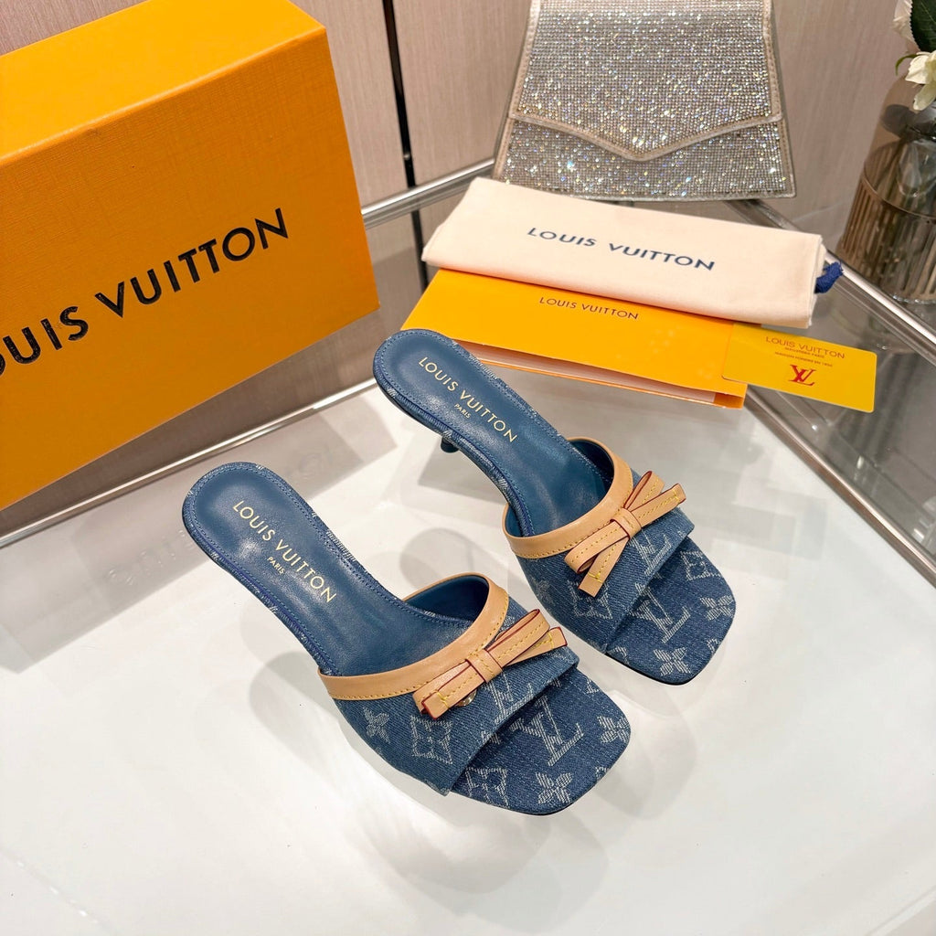LV 26S HIGH-HEELED MULES 55 MM IN BLUE DENIM