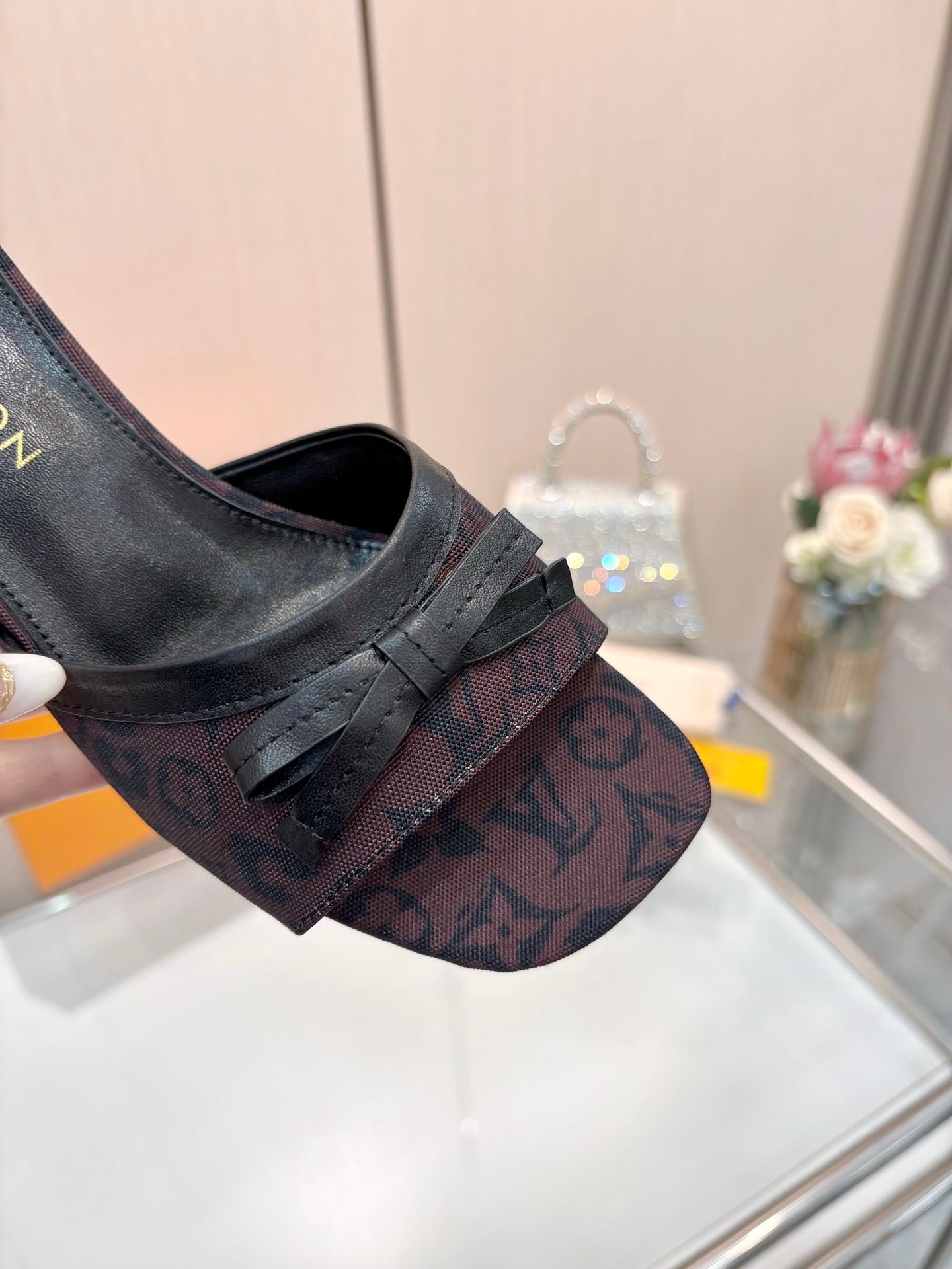 LV 26S HIGH-HEELED MULES 55 MM IN MUTED PLUM BROWN MONOGRAM CANVAS
