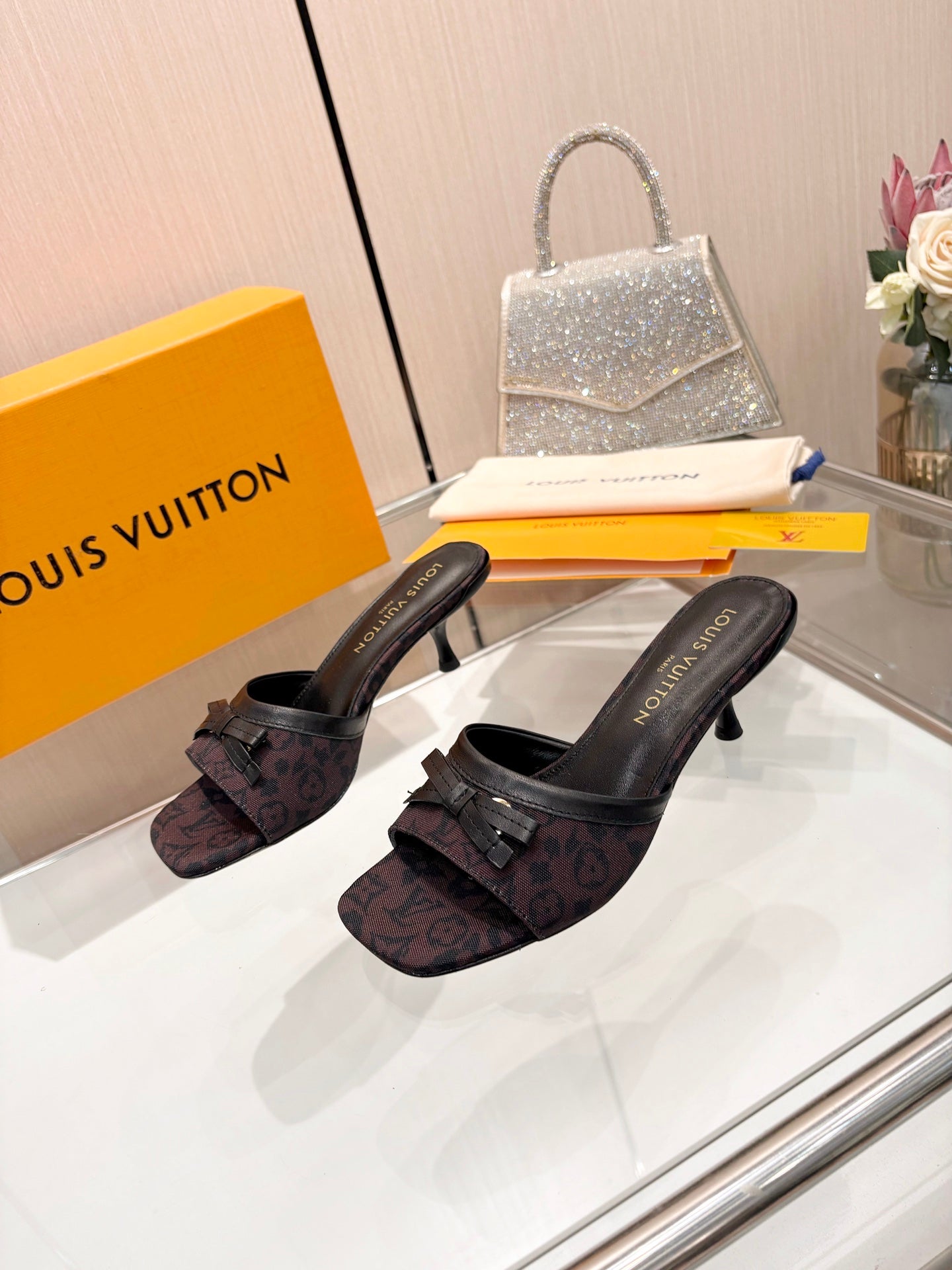 LV 26S HIGH-HEELED MULES 55 MM IN MUTED PLUM BROWN MONOGRAM CANVAS