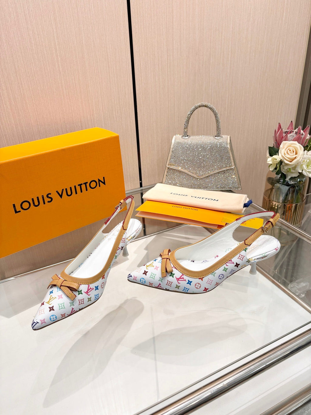 LV 26S BOW-DETAIL SLINGBACK PUMPS 55 MM IN MULTICOLOR MONOGRAM CANVAS