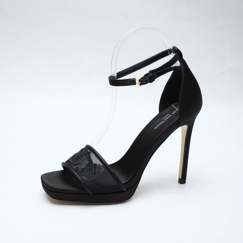 LV 26S HIGH HEEL SANDALS 110 MM IN BLACK FABRIC AND LAMBSKIN