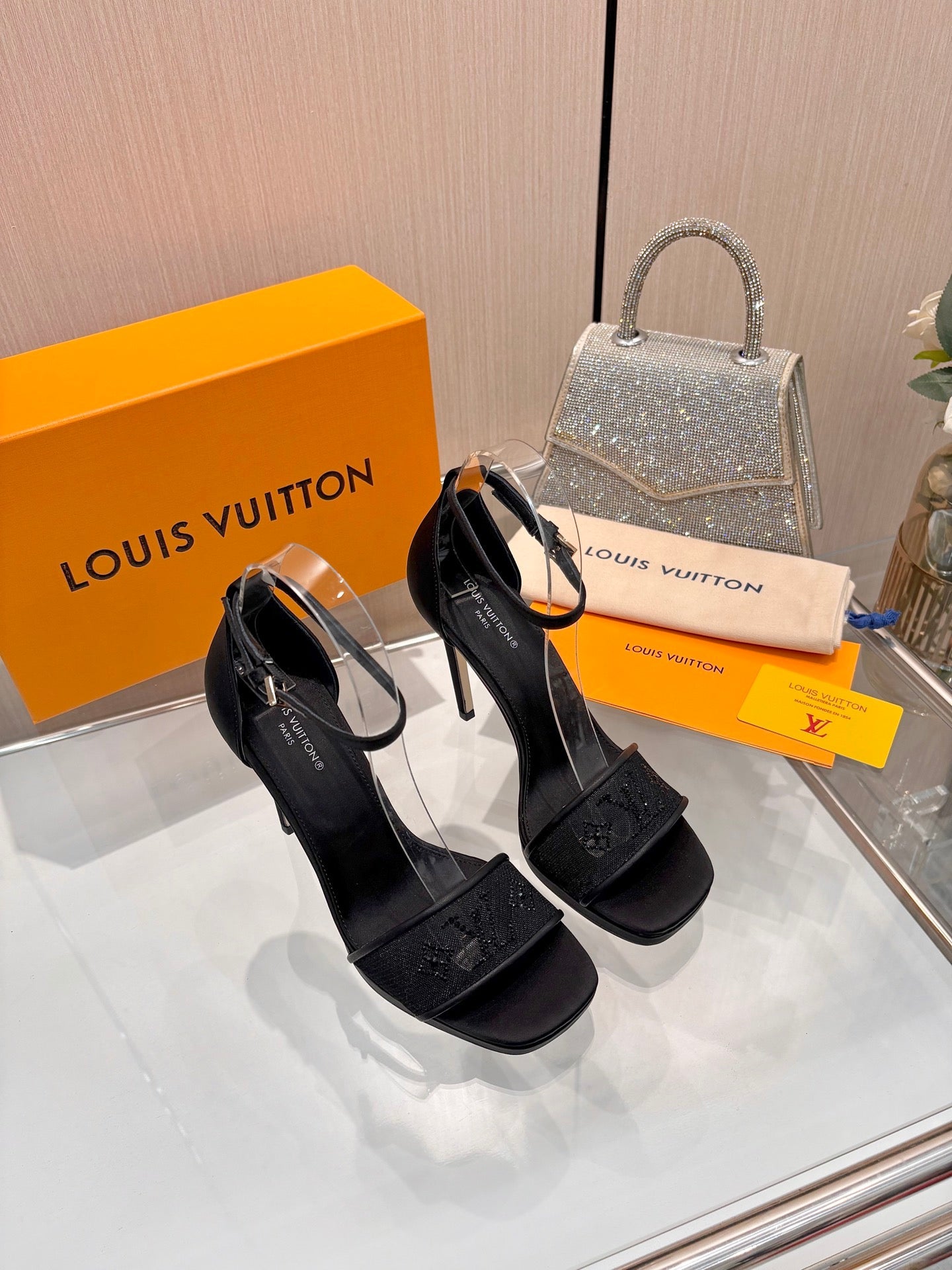 LV 26S HIGH HEEL SANDALS 110 MM IN BLACK FABRIC AND LAMBSKIN