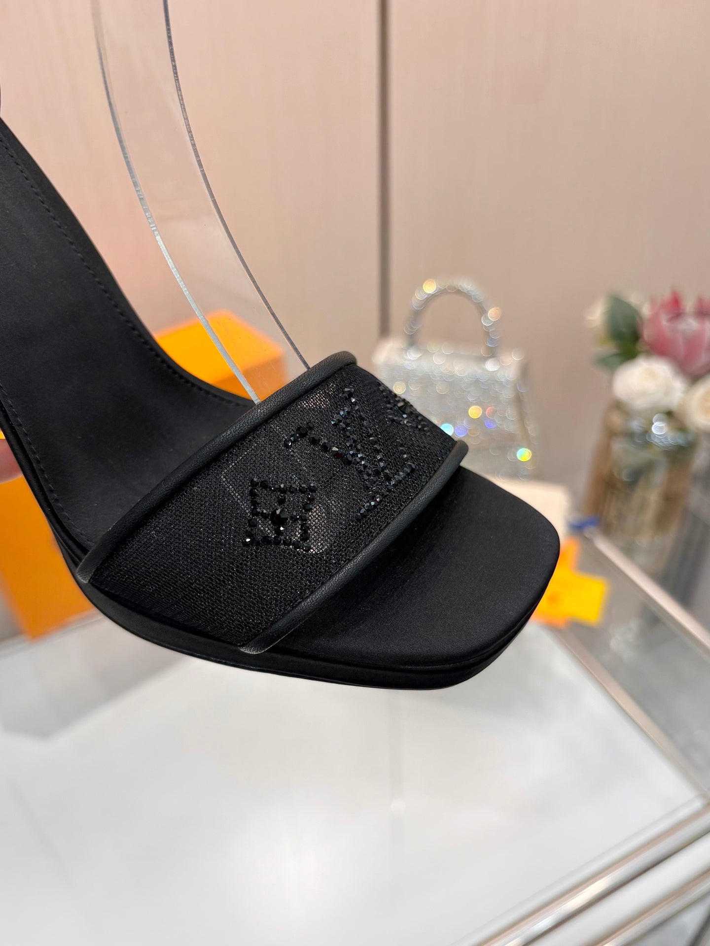 LV 26S HIGH HEEL SANDALS 110 MM IN BLACK FABRIC AND LAMBSKIN