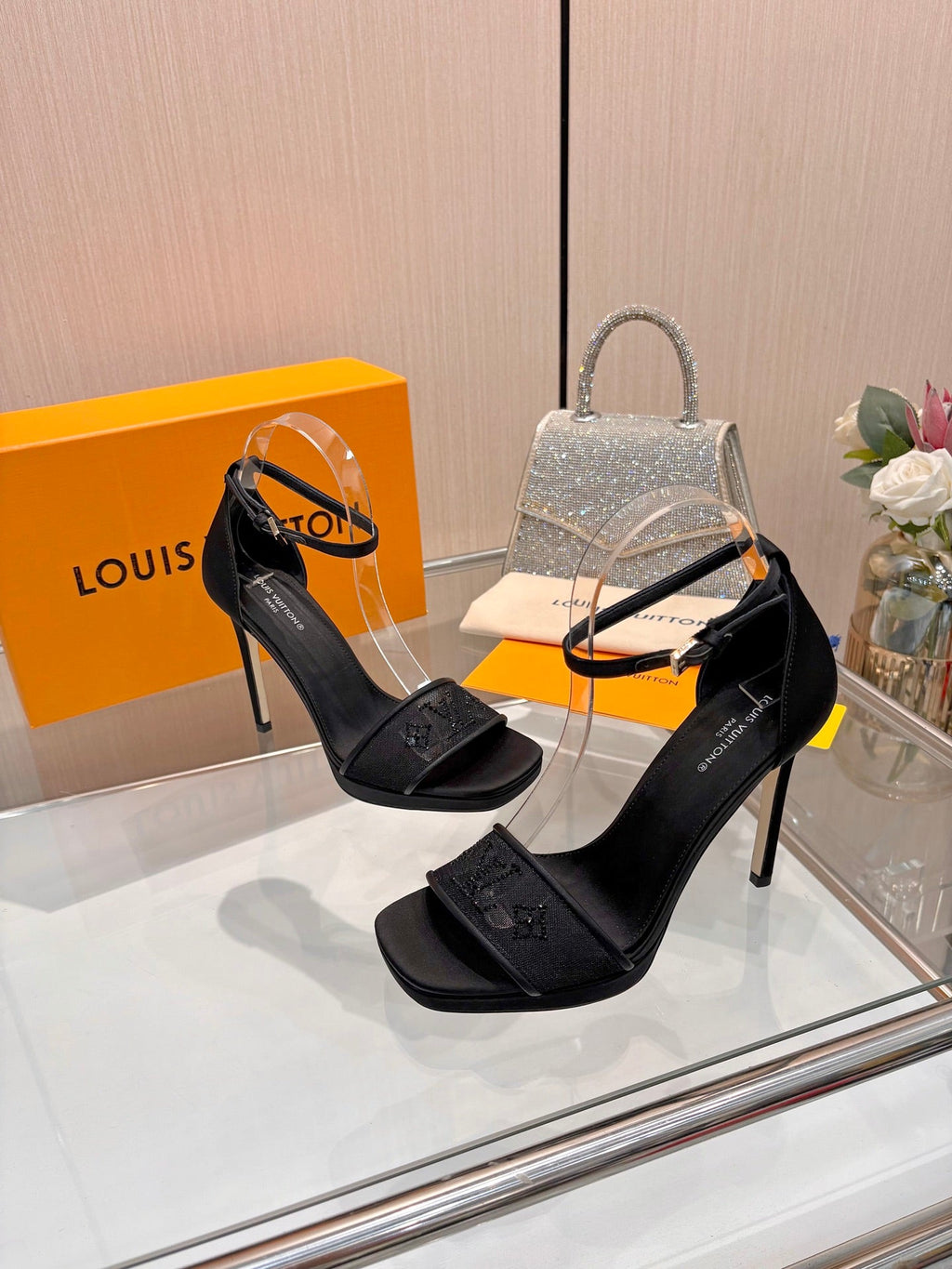 LV 26S HIGH HEEL SANDALS 110 MM IN BLACK FABRIC AND LAMBSKIN