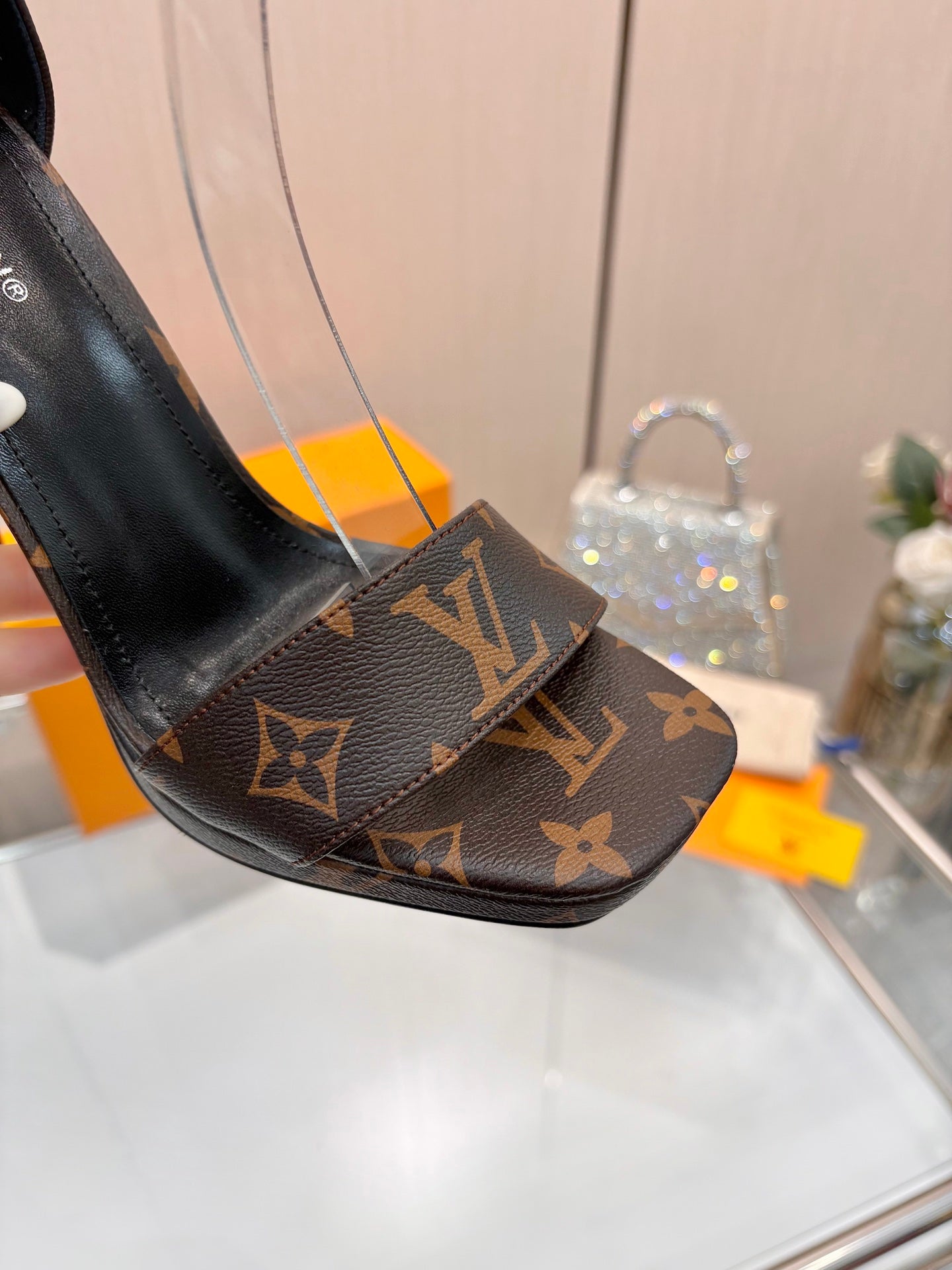 LV 26S HIGH HEEL SANDALS 110 MM IN DARK BROWN MONOGRAM CANVAS