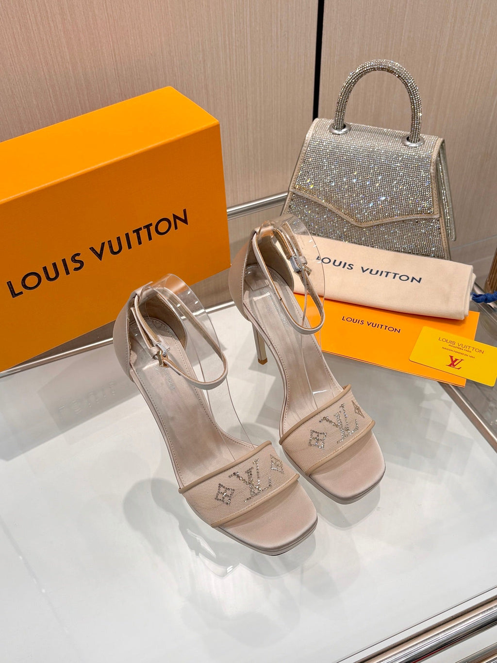 LV 26S HIGH HEEL SANDALS 110 MM IN BEIGE FABRIC AND LAMBSKIN