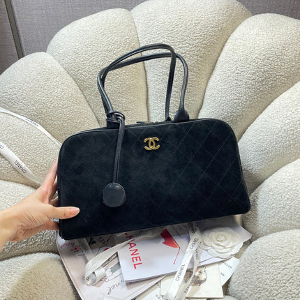 CHANEL 26S TOP HANDLE BAG MEDIUM 35 IN BLACK QUILTED SUEDE AND CALFSKIN GOLD HARDWARE