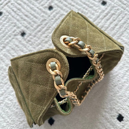 CHANEL 25S HOBO BAG 30 IN MOSS GREEN SUEDE WITH GOLD HARDWARE