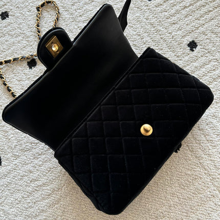 CHANEL 25S MINI FLAP BAG 23 IN BLACK VELVET WITH GOLD HARDWARE