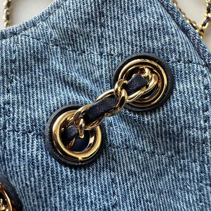 CHANEL 26S MINI BUCKET BAG 18 IN LIGHT BLUE QUILTED DENIM GOLD HARDWARE
