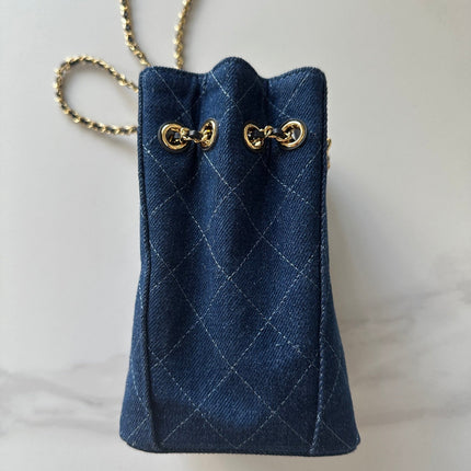 CHANEL 26S MINI BUCKET BAG 18 IN BLUE QUILTED DENIM GOLD HARDWARE