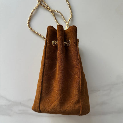 CHANEL 26S MINI BUCKET BAG 18 IN CARAMEL BROWN QUILTED SUEDE GOLD HARDWARE