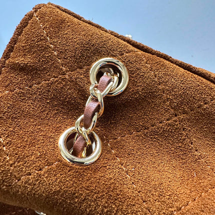 CHANEL 26S MINI BUCKET BAG 18 IN CARAMEL BROWN QUILTED SUEDE GOLD HARDWARE