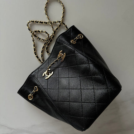 CHANEL 26S MINI BUCKET BAG 18 IN BLACK PATENT QUILTED CALFSKIN GOLD HARDWARE