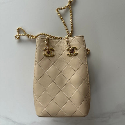 CHANEL 26S MINI BUCKET BAG 18 IN BEIGE QUILTED CALFSKIN GOLD HARDWARE