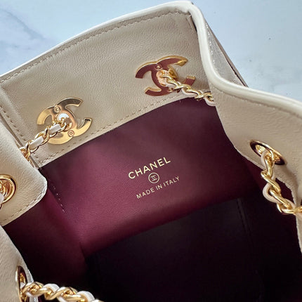 CHANEL 26S MINI BUCKET BAG 18 IN BEIGE QUILTED CALFSKIN GOLD HARDWARE
