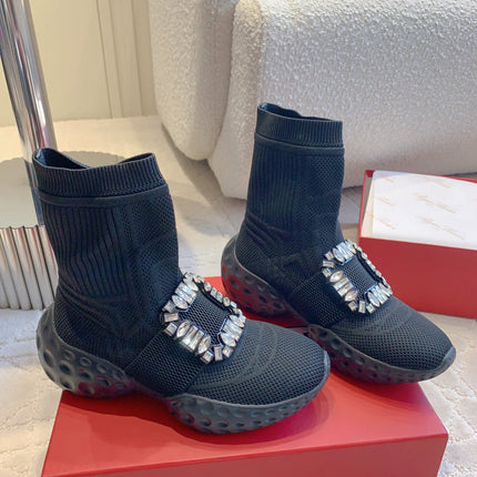 VIV' RUN LIGHT SOCKS ANKLE BOOTS IN BLACK FABRIC STRASS BUCKLE