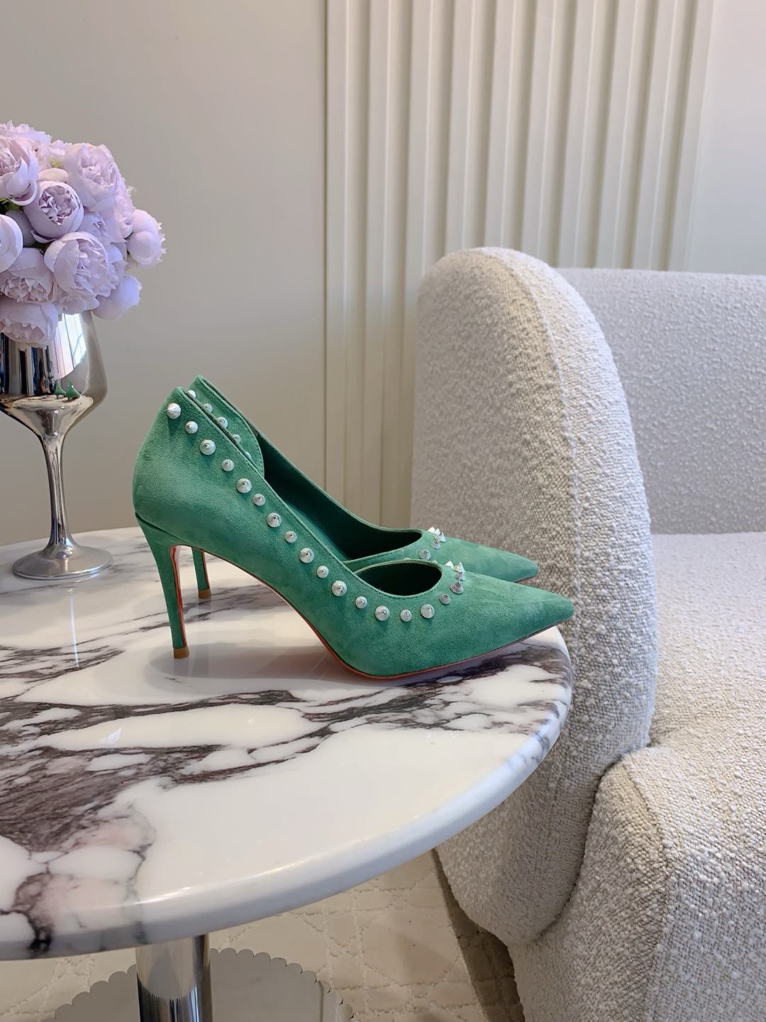 IRIZA PUMPS 85MM IN GREEN SUEDE SILVER SPIKES