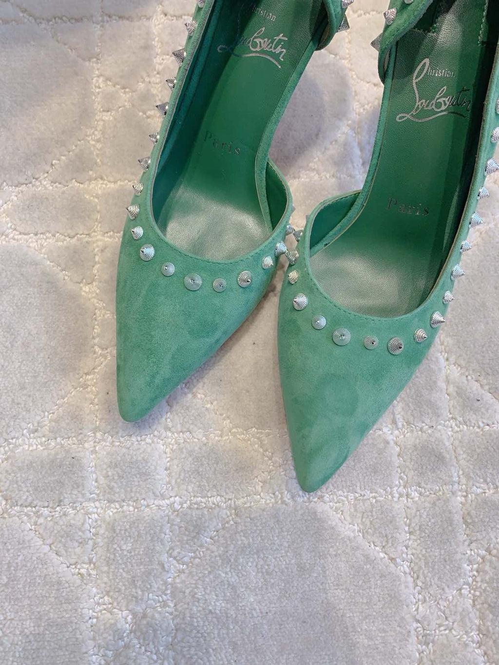 IRIZA PUMPS 85MM IN GREEN SUEDE SILVER SPIKES