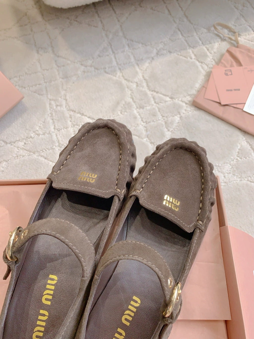 MIUMIU 26S LOAFERS IN BROWN SUEDE WITH STRAP