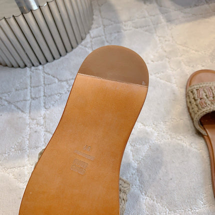 MIUMIU 26S SLIDE SANDALS IN LIGHT BROWN CALFSKIN AND WOOL
