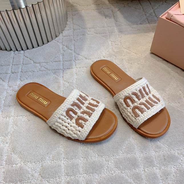 MIUMIU 26S SLIDE SANDALS IN WHITE CALFSKIN AND WOOL
