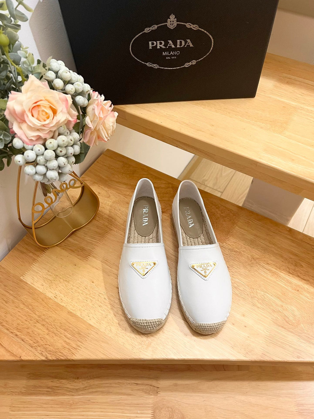 PRADA 26S LOGO ESPADRILLE SLIP ON FLATS IN WHITE CALFSKIN