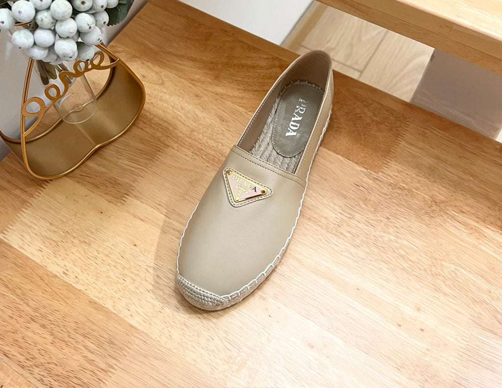 PRADA 26S LOGO ESPADRILLE SLIP ON FLATS IN DARK BEIGE CALFSKIN
