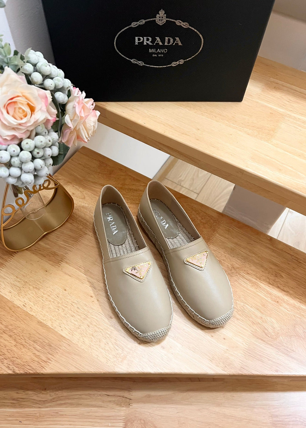 PRADA 26S LOGO ESPADRILLE SLIP ON FLATS IN DARK BEIGE CALFSKIN