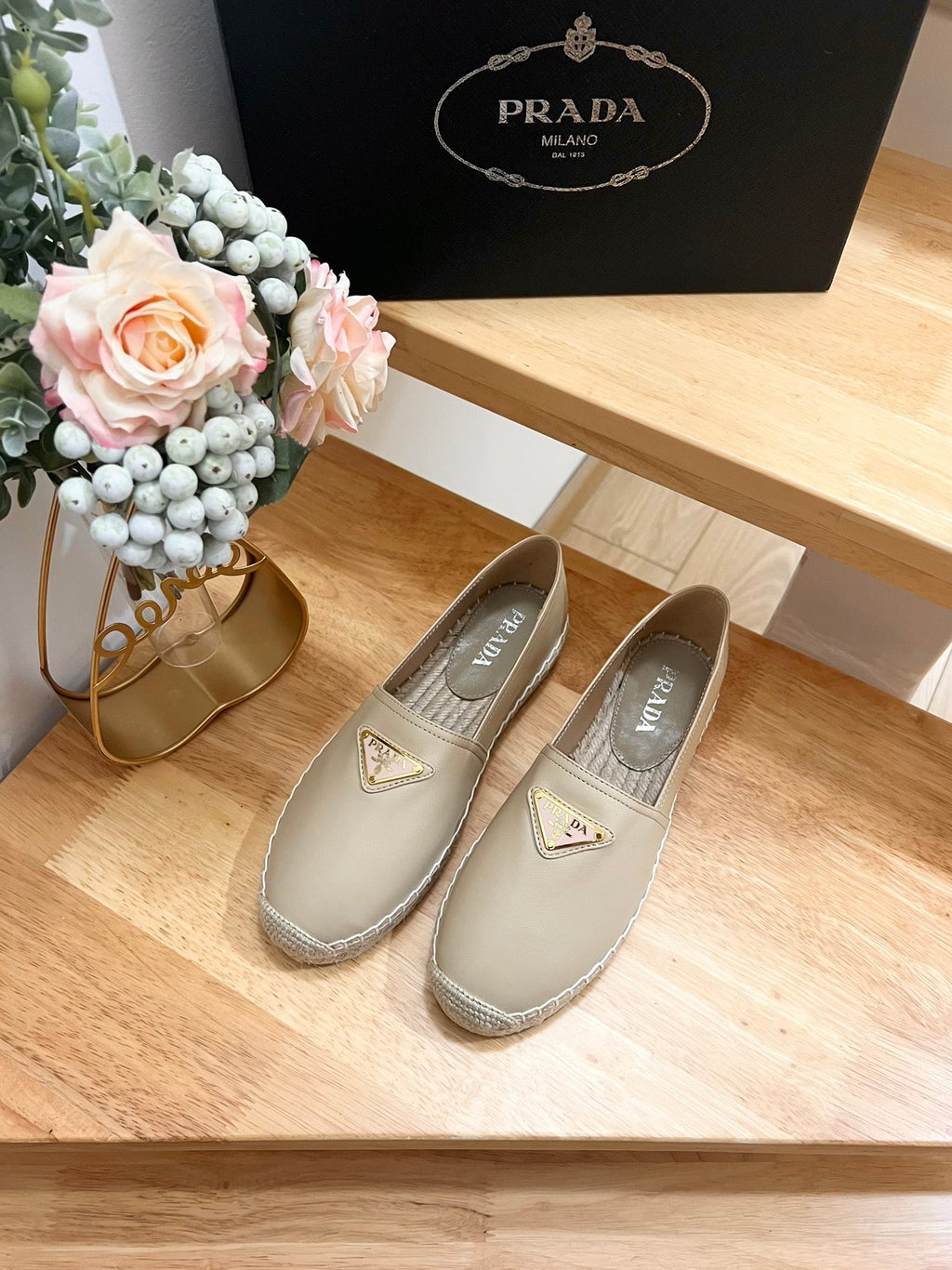 PRADA 26S LOGO ESPADRILLE SLIP ON FLATS IN DARK BEIGE CALFSKIN