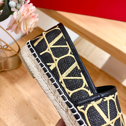 VALENTINO 26S SLIP ON SHOES IN BLACK AND YELLOW RAFFIA