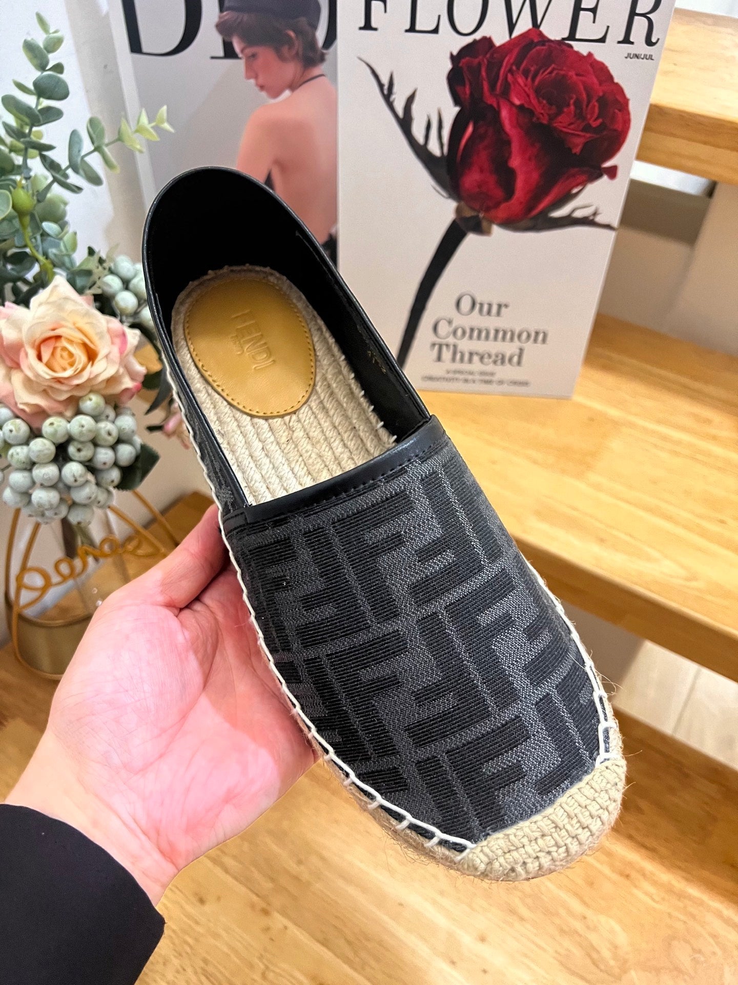 FENDI 26S ESPADRILLE LOAFERS IN BLACK CANVAS STYLE 5