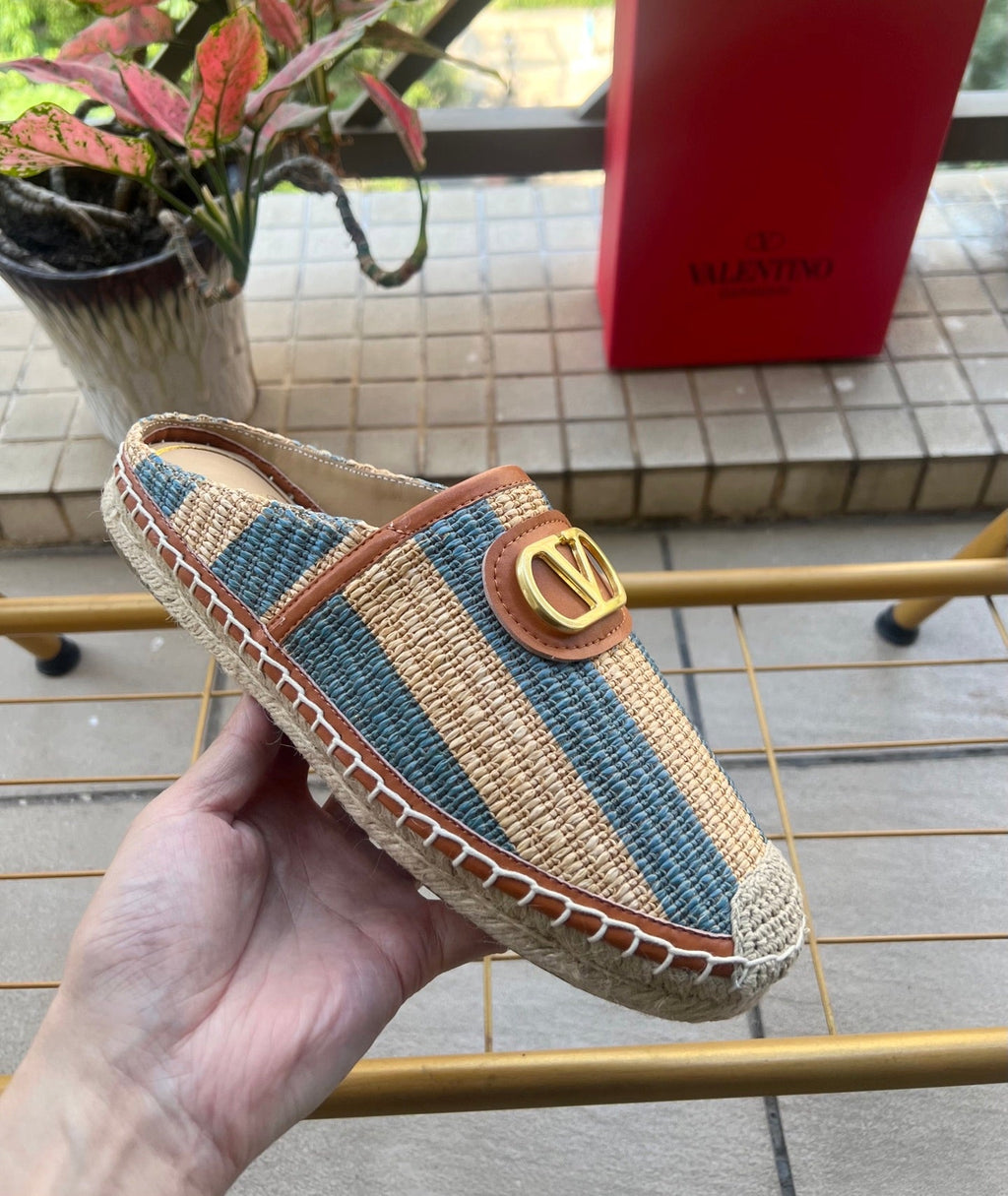 VALENTINO 26S ESPADRILLE MULES IN BLUE AND BEIGE RAFFIA