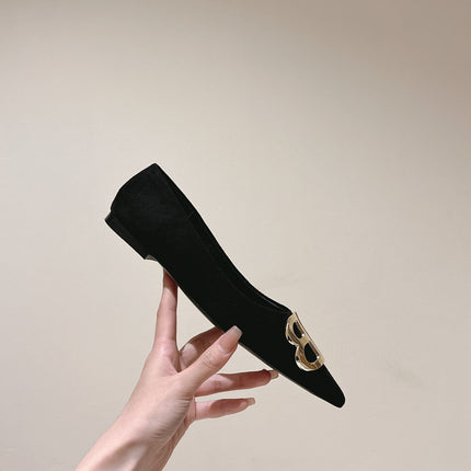 POINTED BB GOLD BUCKLE BALLET FLAT IN BLACK SUEDE