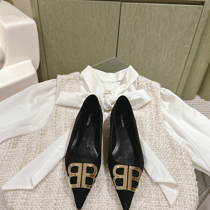 POINTED BB GOLD BUCKLE BALLET FLAT IN BLACK SUEDE