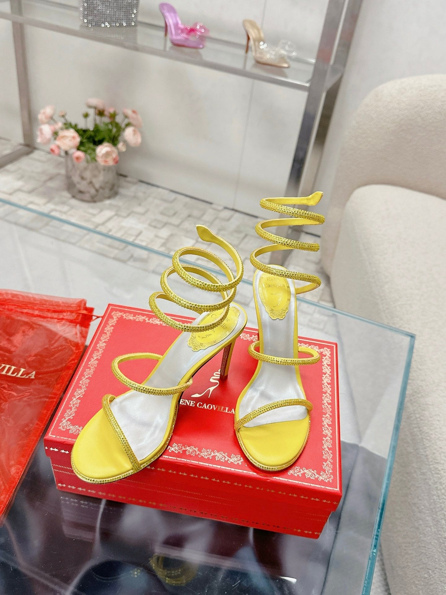 RENE CAOVILLA 26S STILETTO SANDALS 95 MM IN YELLOW LAMBSKIN
