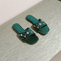 LV WOMEN FLAT MULE IN GREEN FOREST SATIN WITH RHINESTONE
