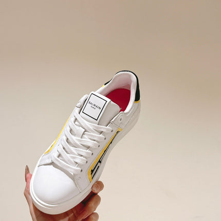 BALMAIN 26S SNEAKERS IN WHITE CALFSKIN AND BEIGE CANVAS