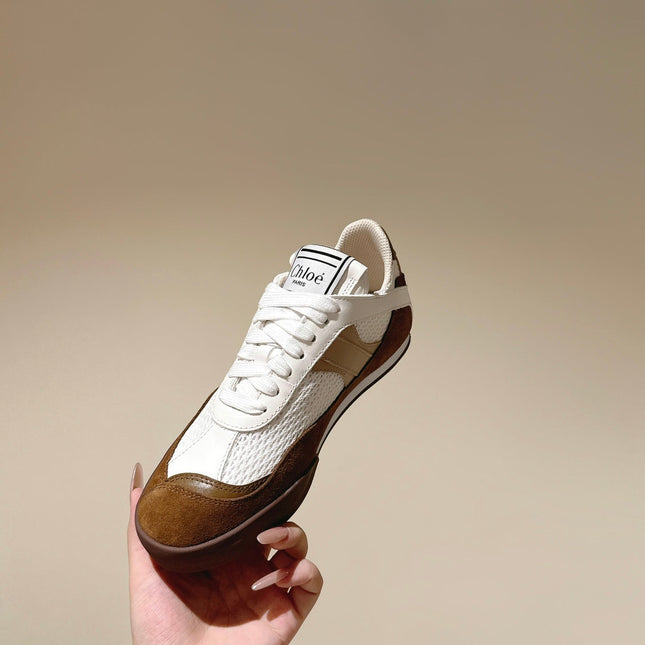 CHLOÉ 26S SNEAKERS IN WHITE MESH AND BROWN SUEDE