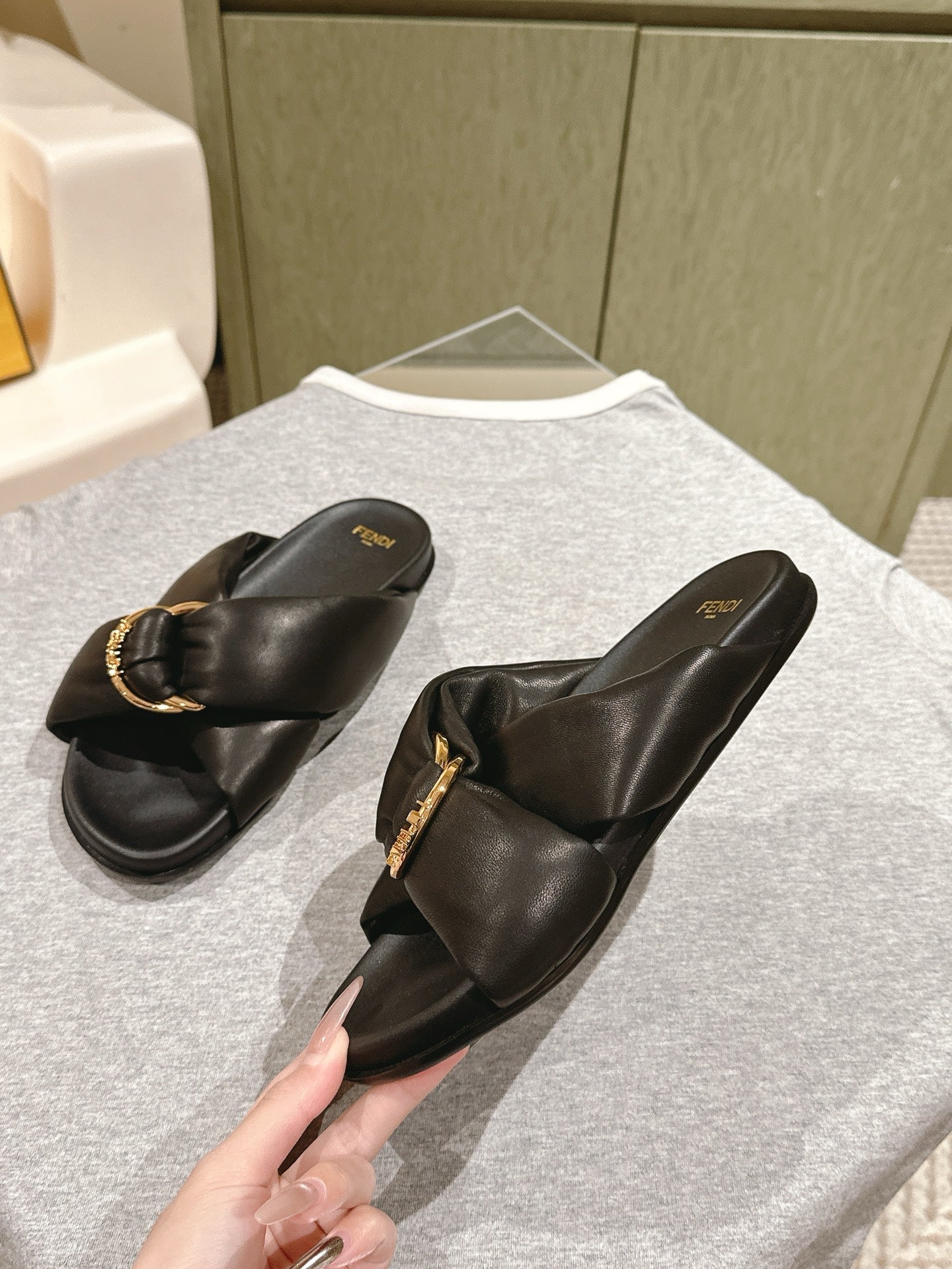 FENDI 26S WIDE CROSS-STRAP SANDALS IN BLACK LAMBSKIN