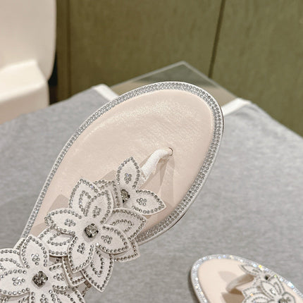 RENE CAOVILLA 26S THONG SANDALS IN CREAM WHITE LAMBSKIN FLOWER EMBELLISHED