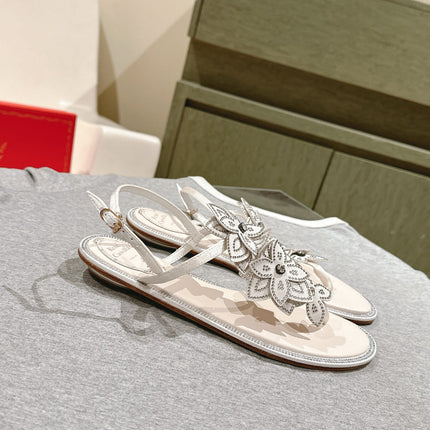 RENE CAOVILLA 26S THONG SANDALS IN CREAM WHITE LAMBSKIN FLOWER EMBELLISHED