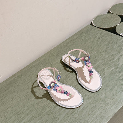 RENE CAOVILLA 26S THONG SANDALS IN NUDE PINK LAMBSKIN FLORAL EMBELLISHED STRAP
