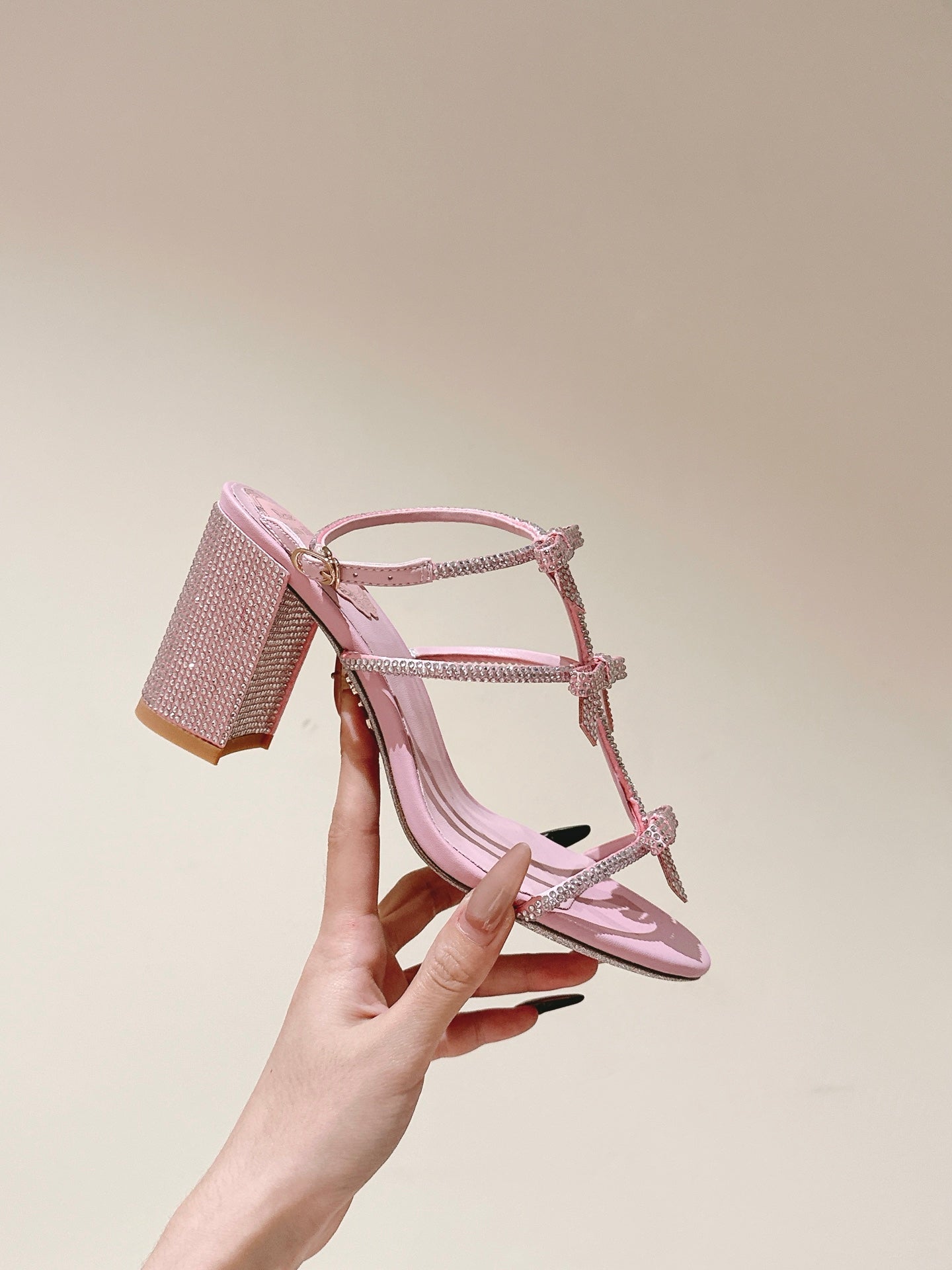 RENE CAOVILLA 26S HEELED SANDALS 75 MM IN LIGHT PINK LAMBSKIN WITH BOW