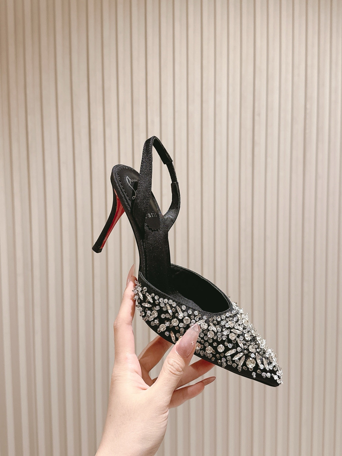 EMBELLISHED QUEENISSIMA SLINGBACK PUMPS 95MM IN BLACK GLITTER CALFSKIN