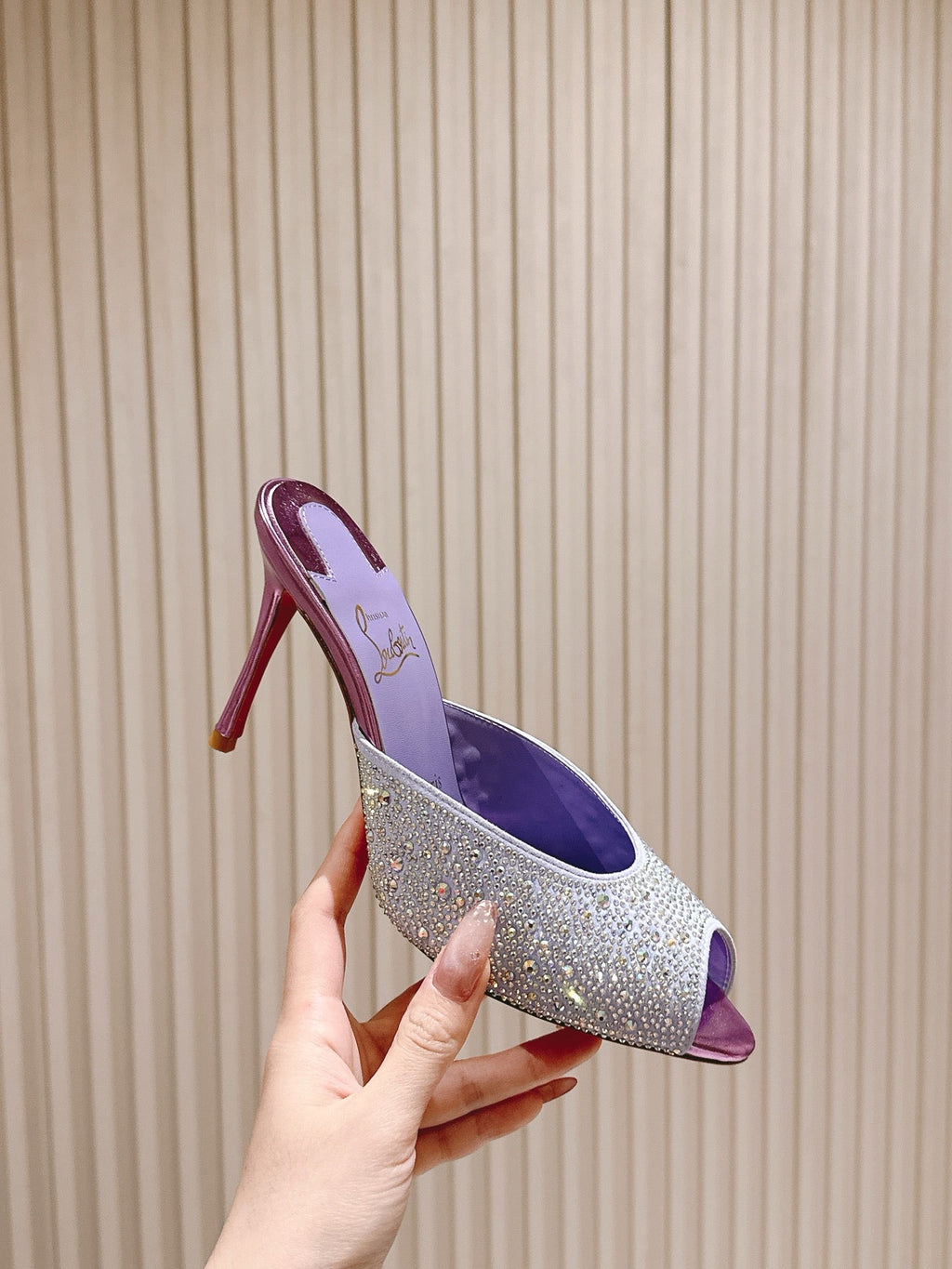 DOLLY STRASS SOLE SLIDE SANDALS 85MM IN BABY PURPLE CALFSKIN