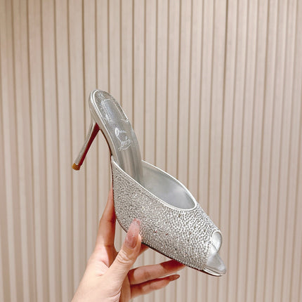DOLLY STRASS SOLE SLIDE SANDALS 85MM IN SILVER-TONE CALFSKIN